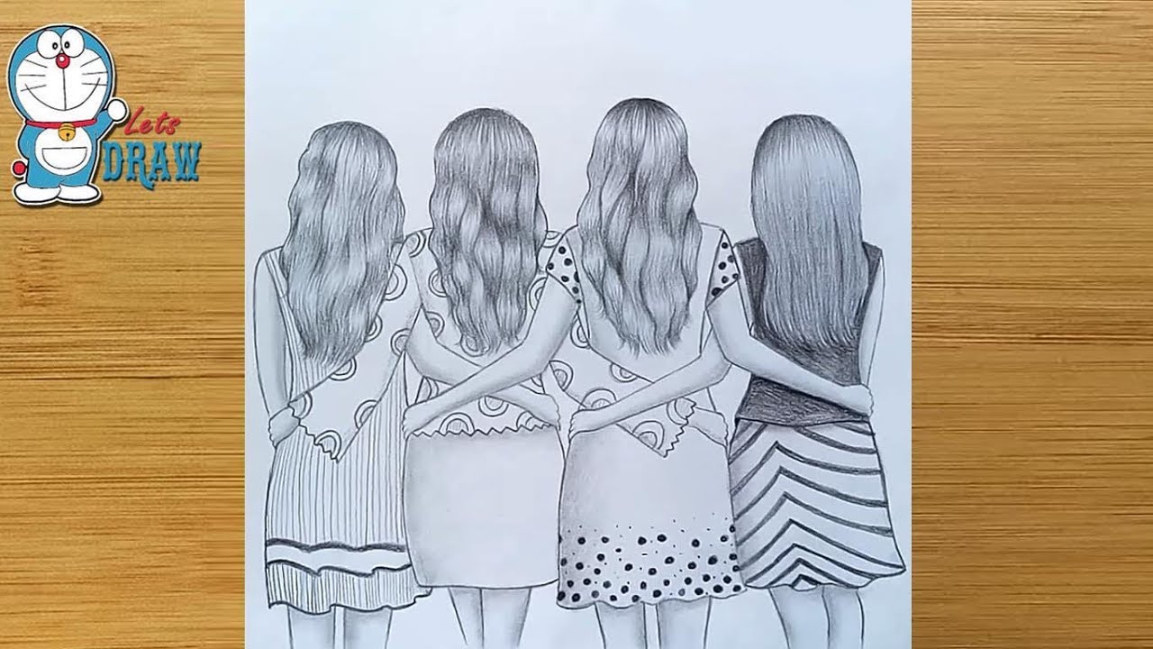 Best friends pencil Sketch Tutorial How To Draw four Friends Hugging