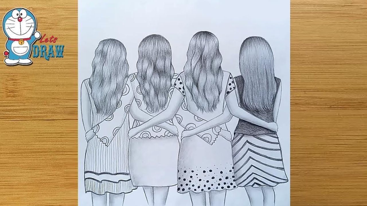 Best Friends Pencil Sketch Tutorial How To Draw Four Friends Hugging 