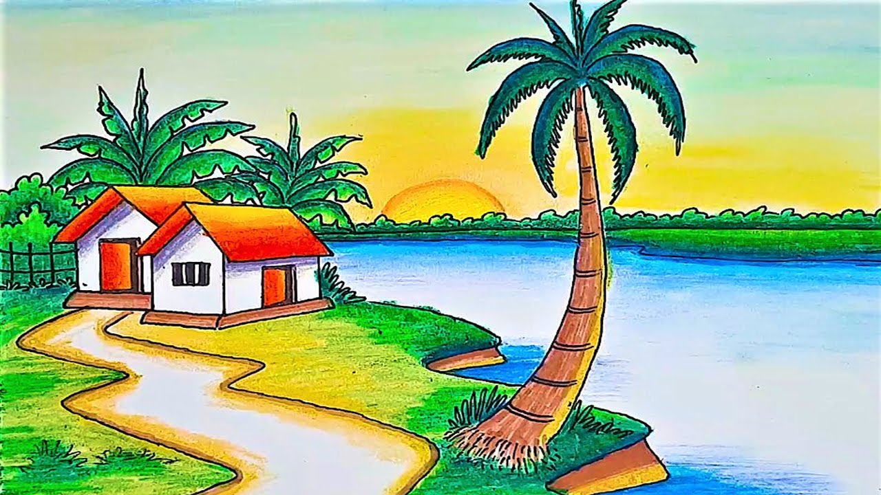 How to draw riverside village scenery / drawing sunset scenery easy ...