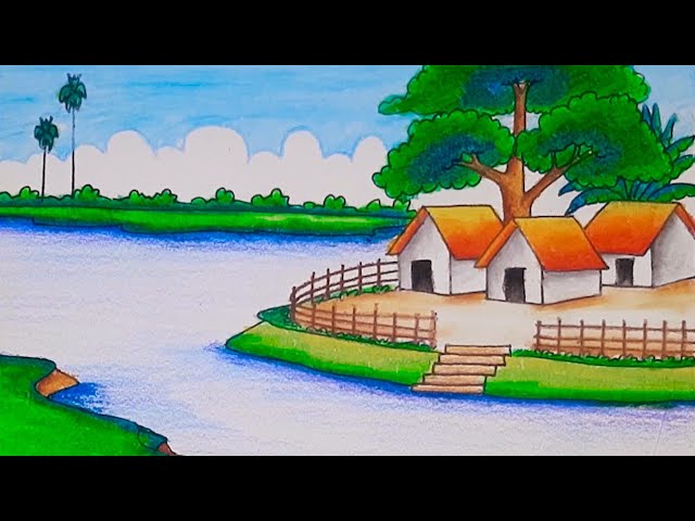 How to draw scenery of riverside village step by step with oil pastel ...