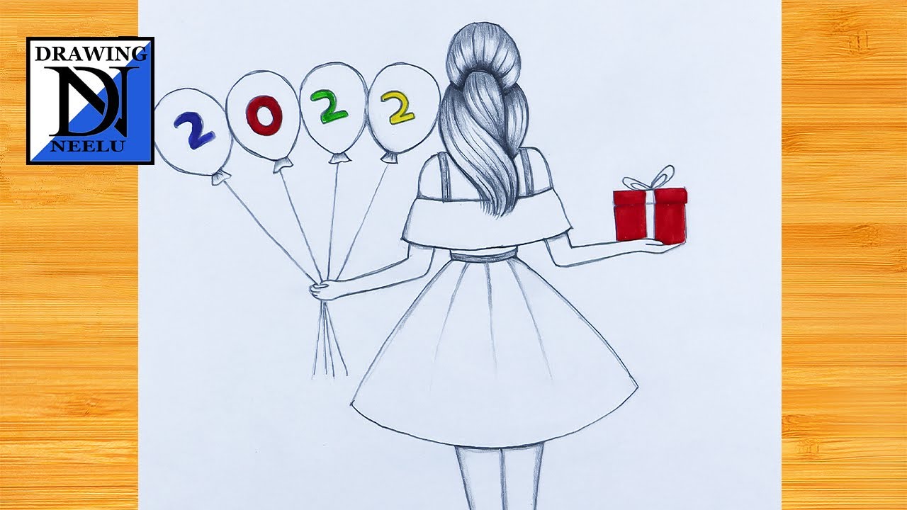 Girl Celebrate Happy new year 2022 | Very easy drawing tutorial
