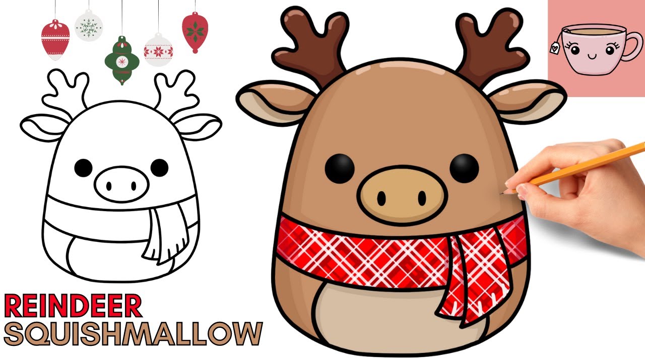 How To Draw Cute Reindeer with a Scarf Squishmallow Christmas Easy